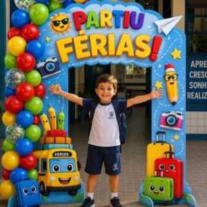 Portal “PARTIU FÉRIAS!” Com arco de Balões Realistas